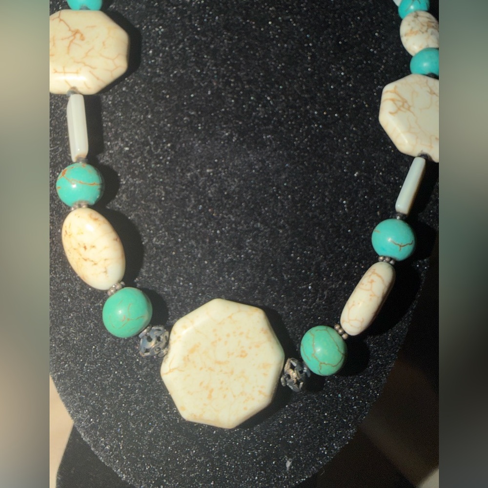 .925 Sterling Silver Turquoise and White Buffalo Beaded Necklace